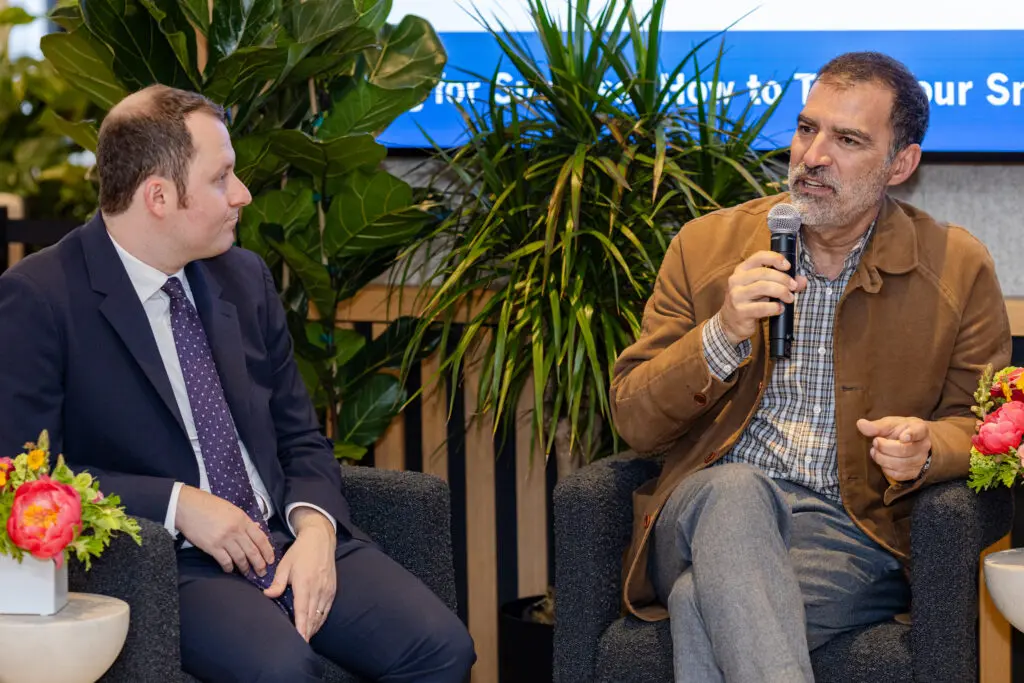 Peter Quartaroli (right), owner of Sam’s Grill, speaks at the "Scaling for Success" event, part of the Small Business Week series, held at Yes SF Headquarters on Thursday, May 8th, 2025, in San Francisco, CA. (Constanza Hevia/Comcast)