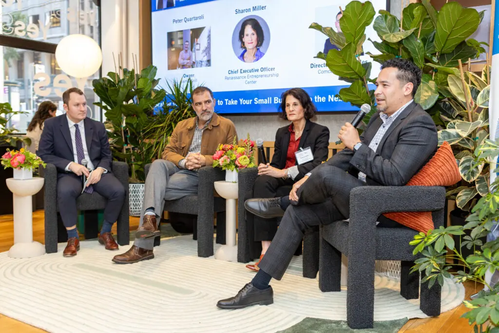 (L to r) David Harrison, Director of Public Policy at San Francisco Chamber of Commerce, Peter Quartaroli, owner of Sam’s Grill, Sharon Miller, CEO at Renaissance Entrepreneurship, and Benny Teran, Director of SMB Sales at Comcast Business, at the "Scaling for Success" event, part of the Small Business Week series, held at Yes SF Headquarters on Thursday, May 8th, 2025, in San Francisco, CA. (Constanza Hevia/Comcast)