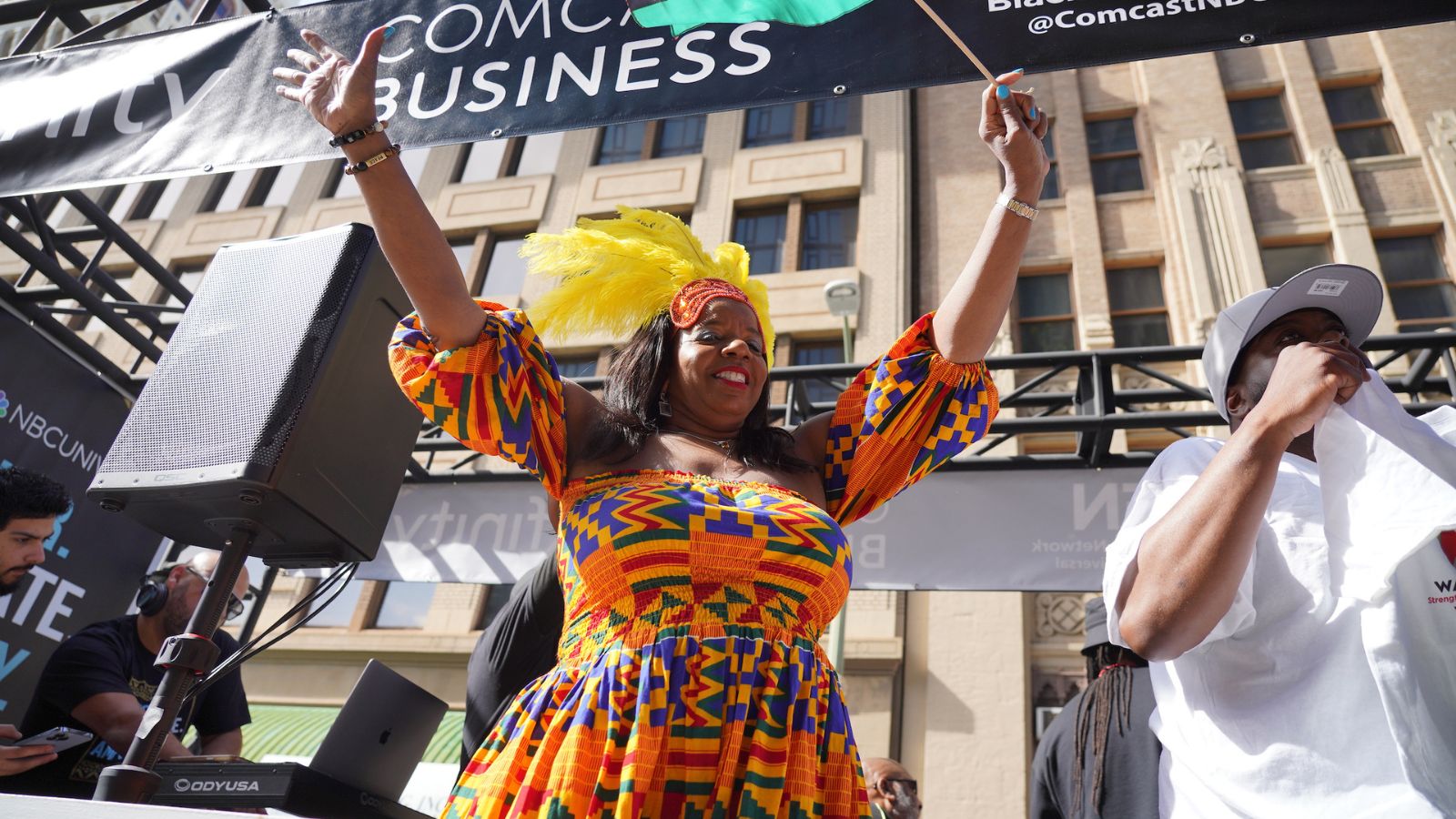 Cathy Adams on the Comcast float in the 2024 Black Joy Parade in downtown Oakland, CA